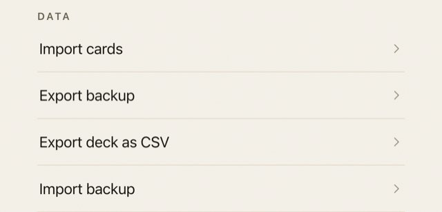 The Data section of sumi's Settings screen, with Import cards, Export backup, Export deck as CSV and Import backup